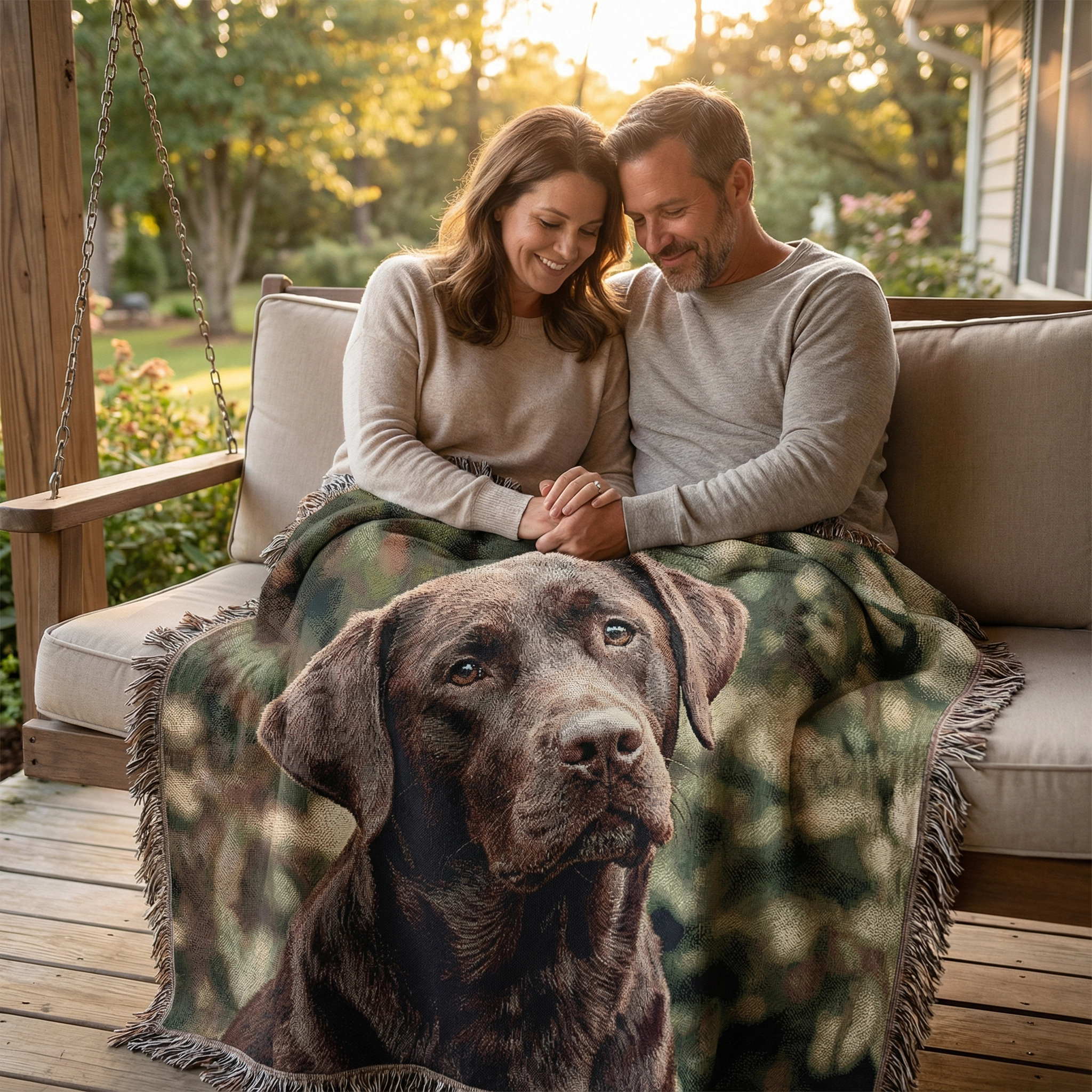 Couple sharing comfort with memorial blanket